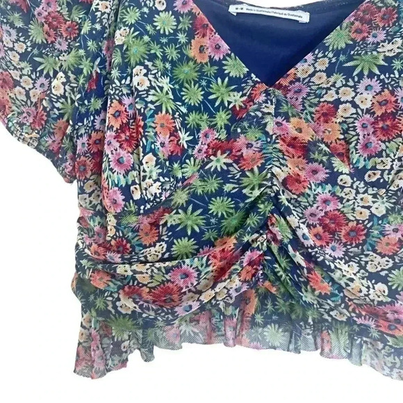 Urban Outfitters UO Navy Blue Pink Green Floral Mesh Crop Ruched Top Size M - Picture 2 of 5